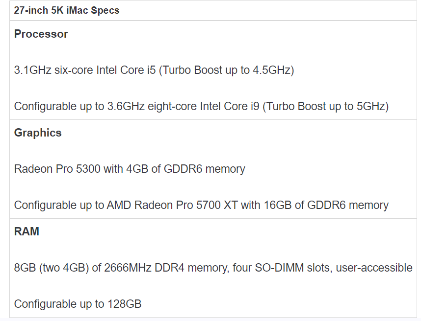 Specifications of 27inch 5K iMac