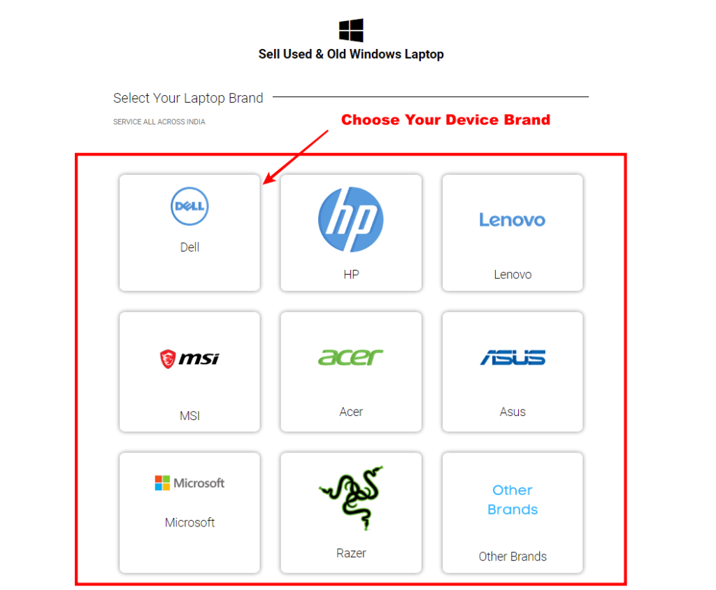 Select Device Brand to Sell Old Laptop